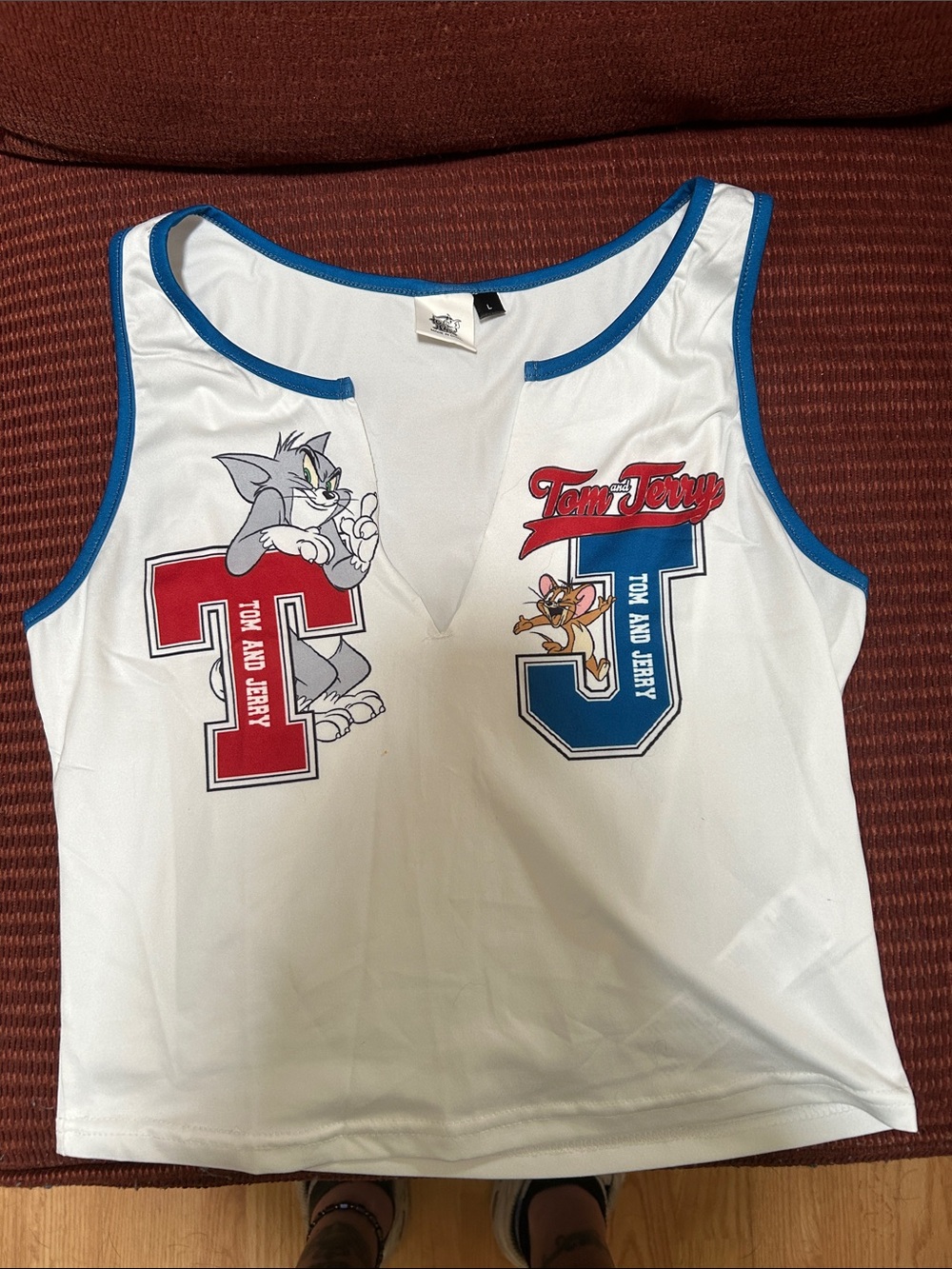 Tom & Jerry Girls' White Sleeveless Graphic Crop Top with Blue Trim NWOT